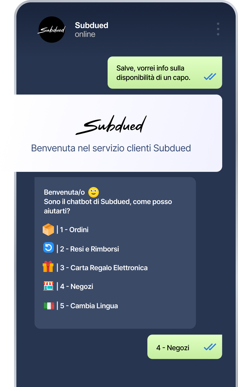 Chatbot dedicato alla gestione di ordini, spedizioni e richieste cliente in tempo reale.